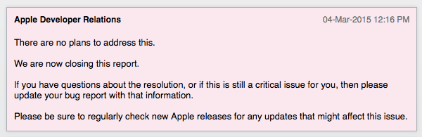 There are no plans to address this. We are now closing this report.