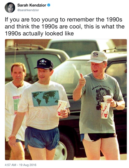 If you are too young to remember the 1990s and think the 1990s are cool, this is what the 1990s actually looked like - Al Gore and Bill Clinton sweaty in short shorts